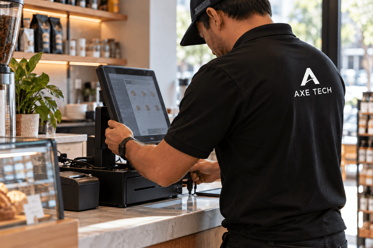An AXE TECH technician configuring a countertop point-of-sale terminal