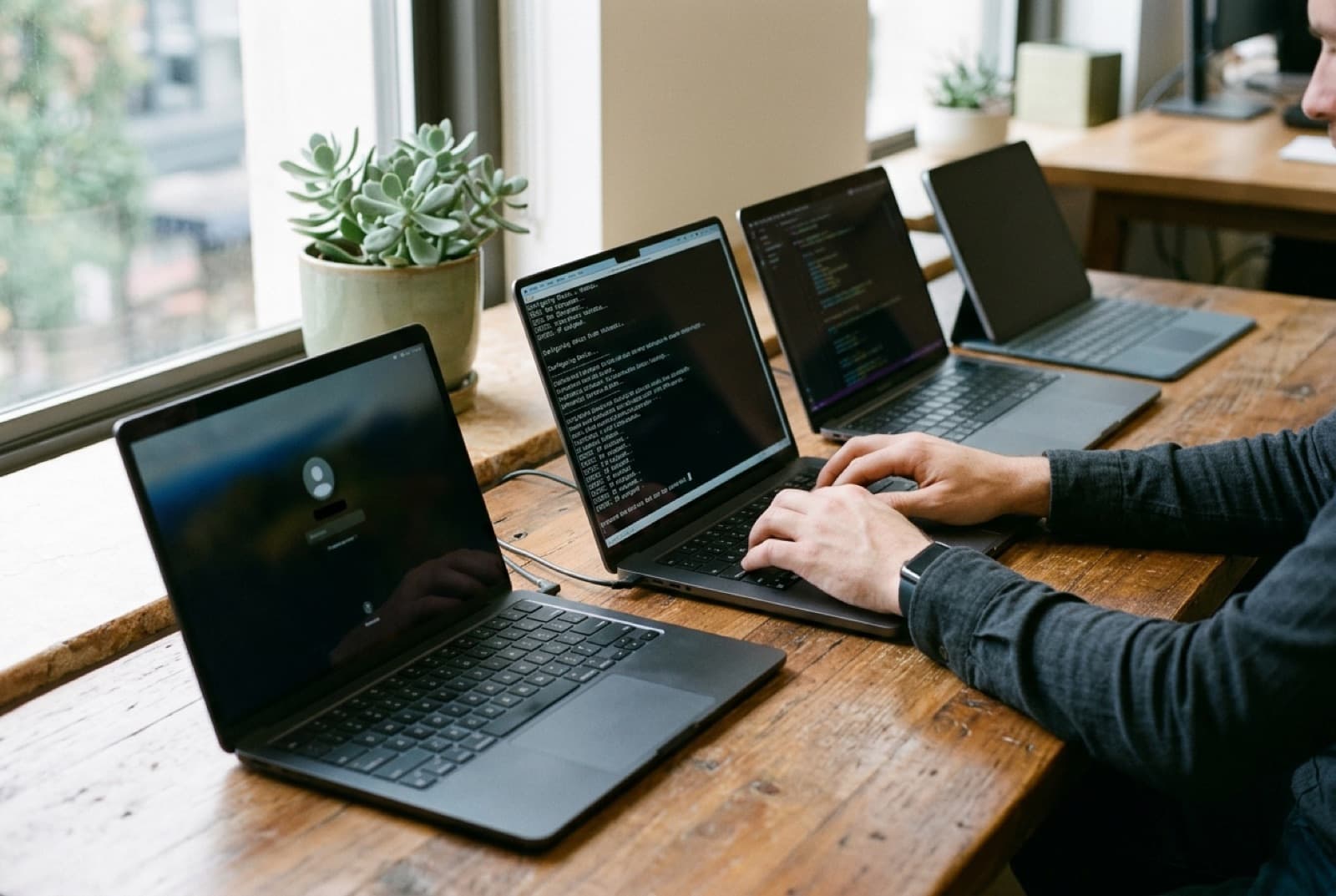Laptops and tablets staged side by side for device enrollment