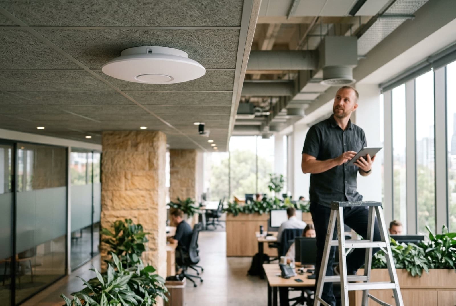 A ceiling-mounted Wi-Fi access point in an open office