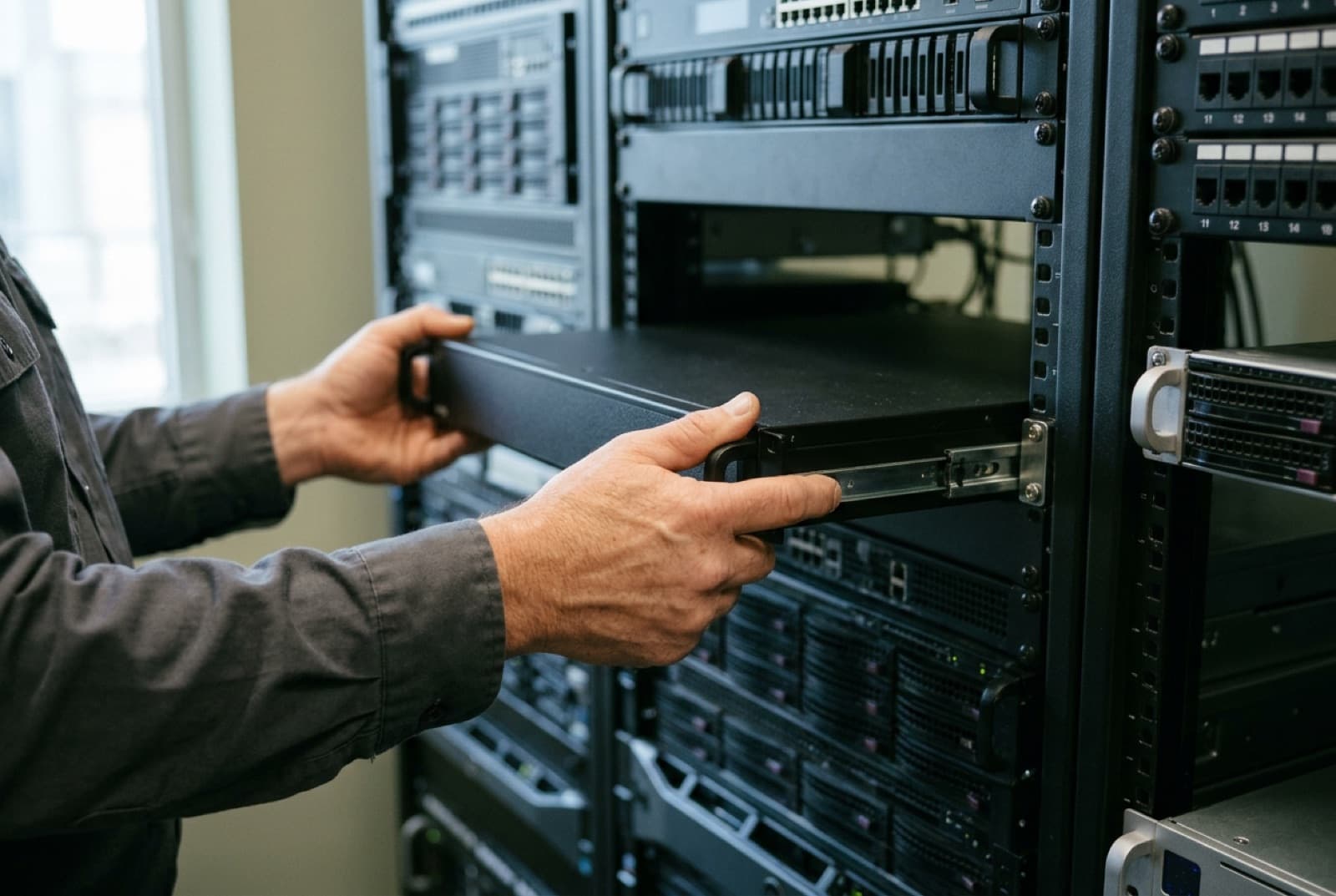A technician installing an appliance into an equipment rack